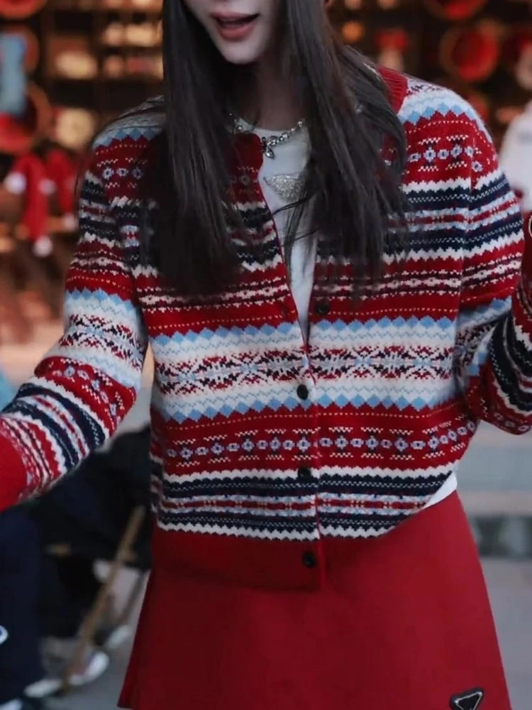 复古百搭圆领单排扣针织开衫圣诞新年红色条纹费尔岛毛衣2025春季