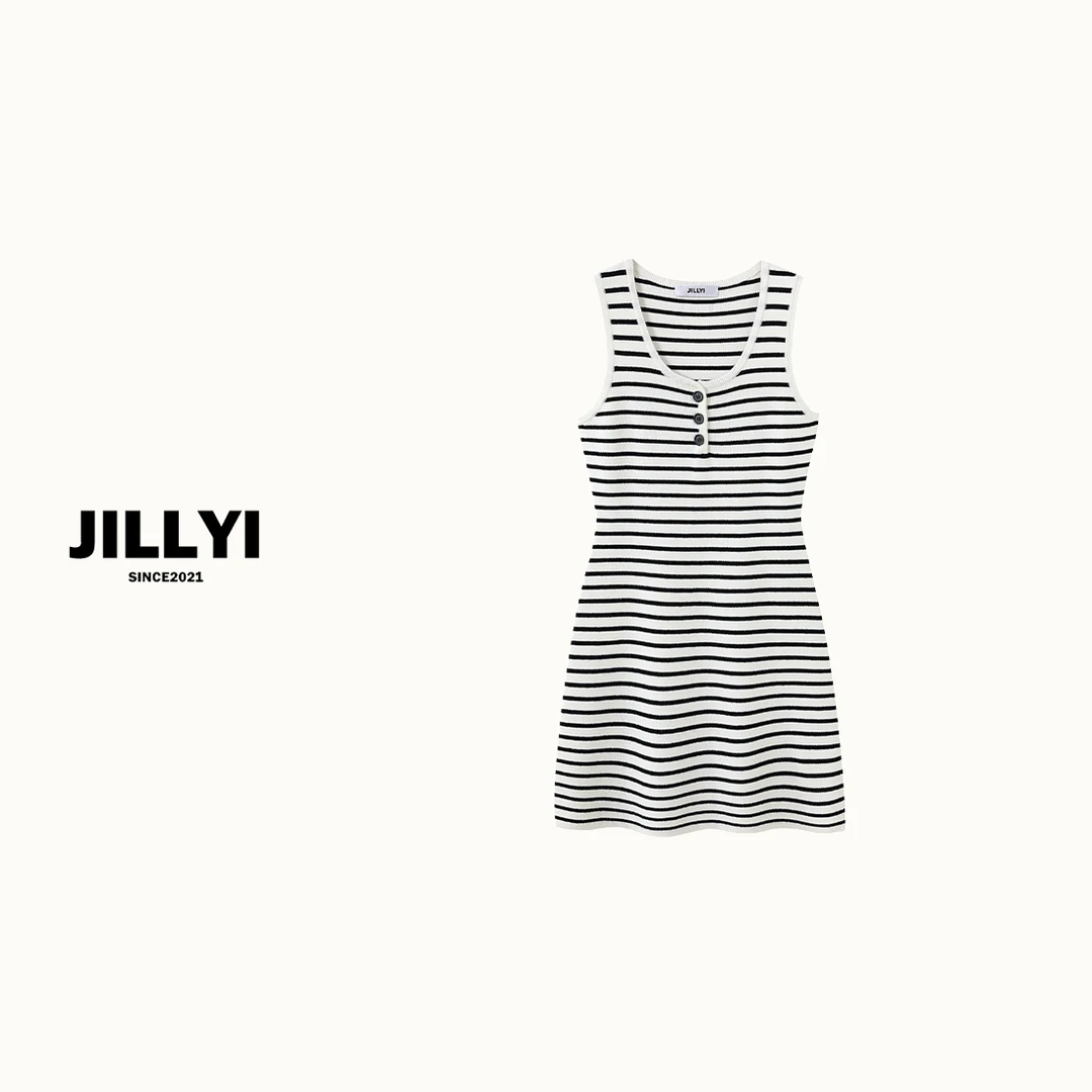jillyi【条纹密码】黑白条纹圆领三粒扣时尚百搭针织连衣裙韩版休闲