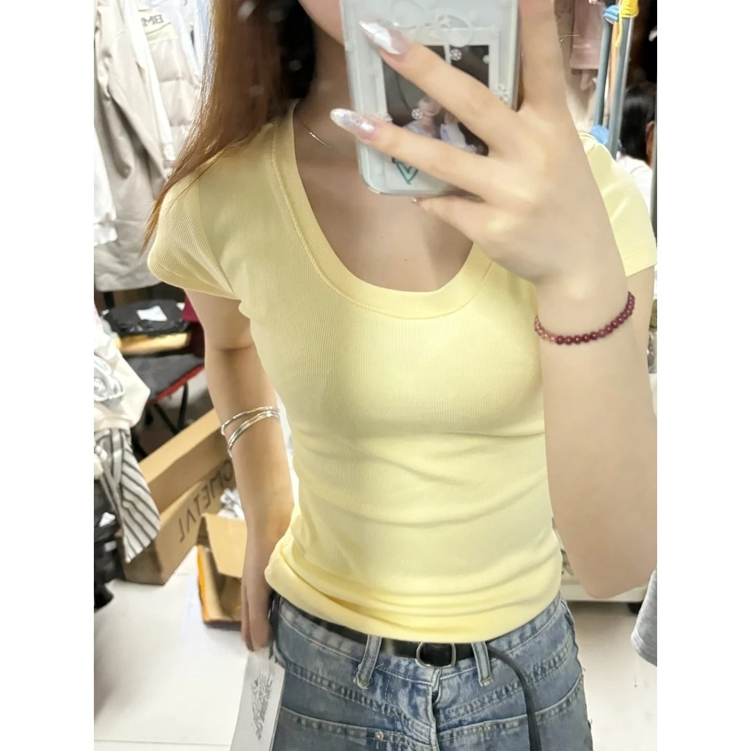 嫩黄色显白U领漏锁骨正肩T恤女夏季内搭打底上衣时尚螺纹修身短袖