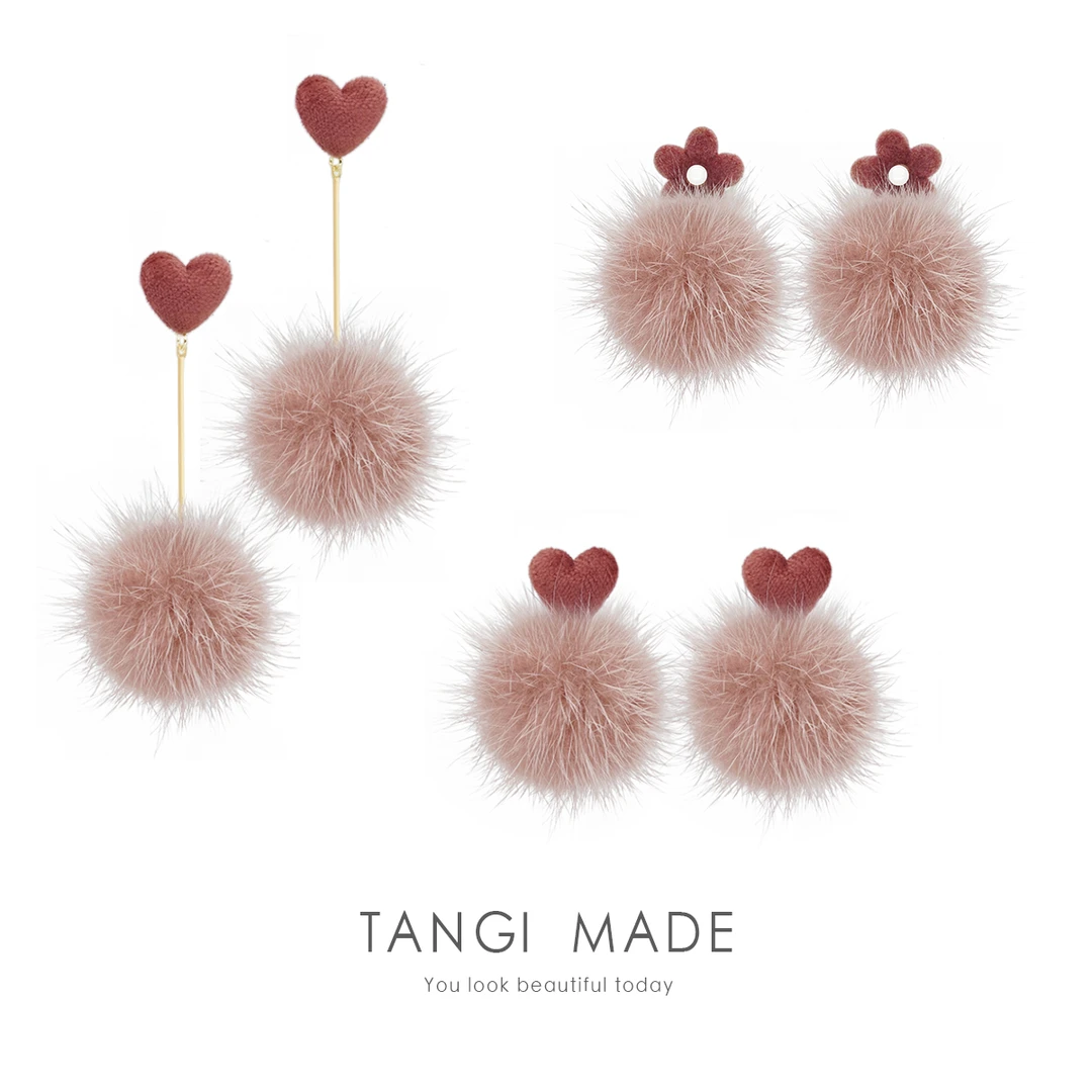 合金绒毛耳饰 秋冬新款2025爆款灰粉毛绒貂毛毛球气质百搭耳环女