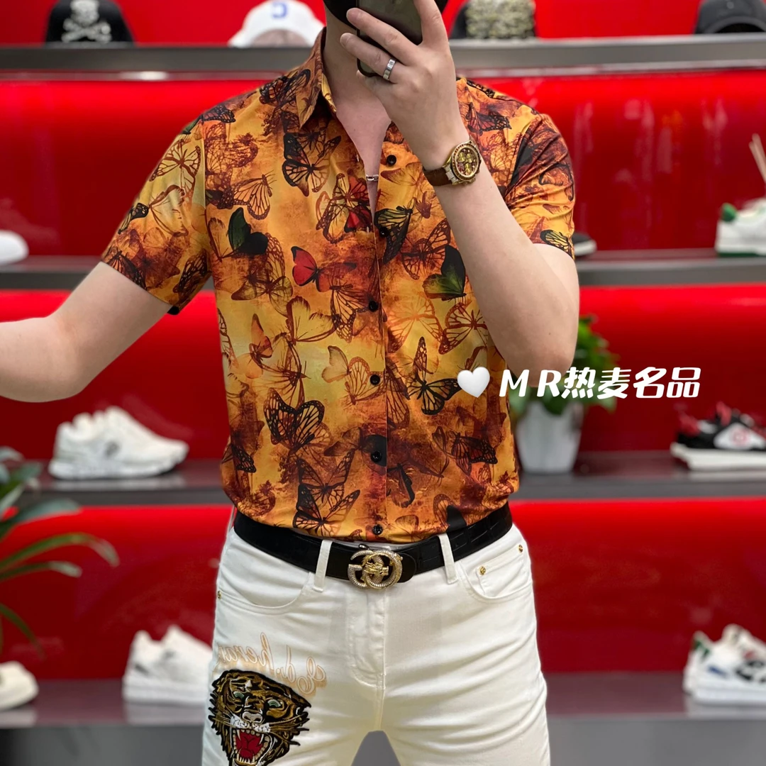 【熠星甄选】2025夏季衬衫复古风蝴蝶款男士修身免熨烫弹力翻领短袖