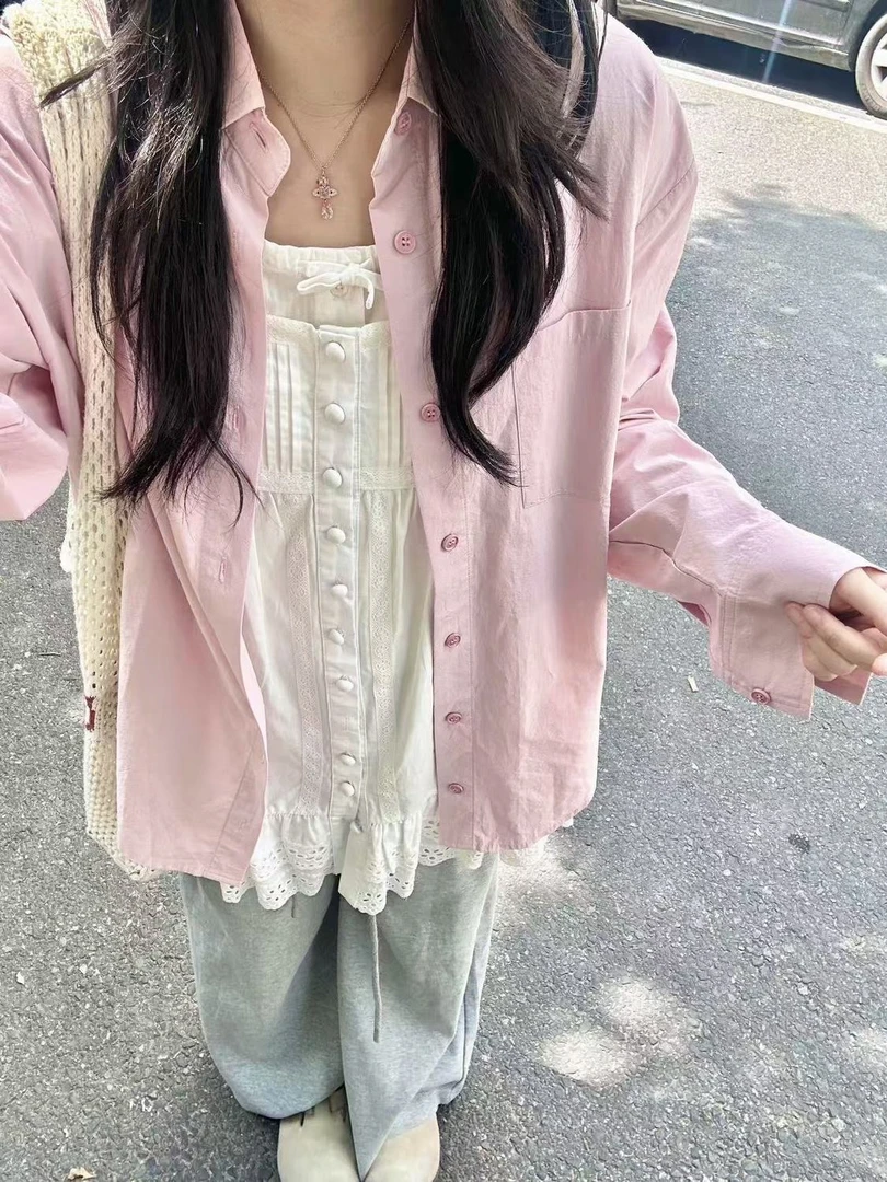 100%纯棉正肩藕粉色衬衫女叠穿宽松百搭显瘦长袖衬衣外穿遮肉开衫