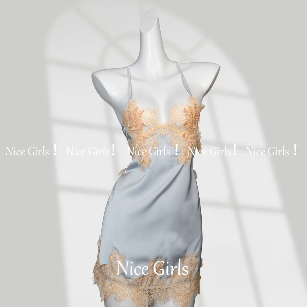 【琥珀】大码性感蕾丝低胸睡衣绑带露背缎面薄款吊带裙家居服套装