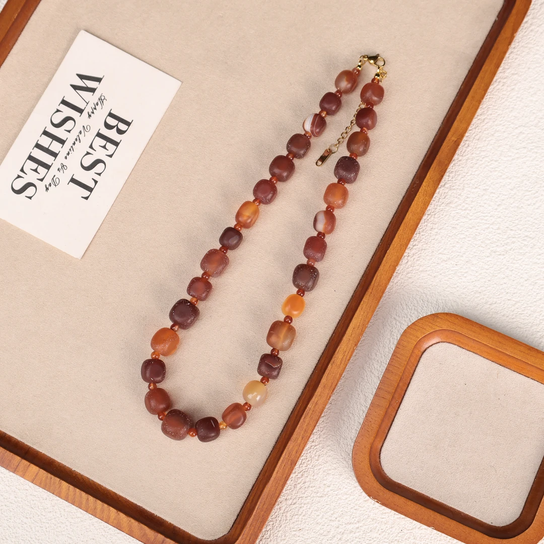 LZ5121老红糖玛瑙红色磨砂方块满串缠丝玛瑙项链