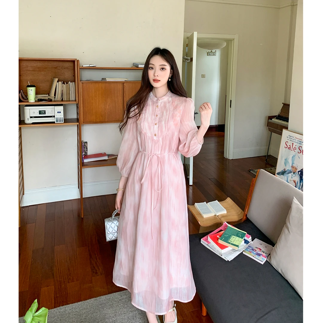 GERTCOREL2025新款秋季宽松显瘦重工亮片拼接粉色天丝连衣裙女