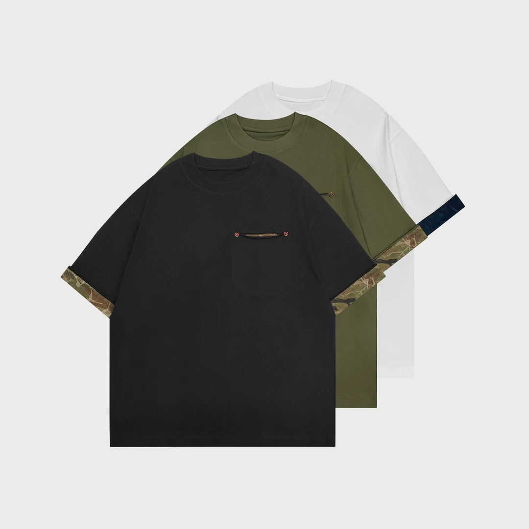 短袖圆领夏季撞色口袋磨破T恤ins潮流休闲百搭宽松美式半袖