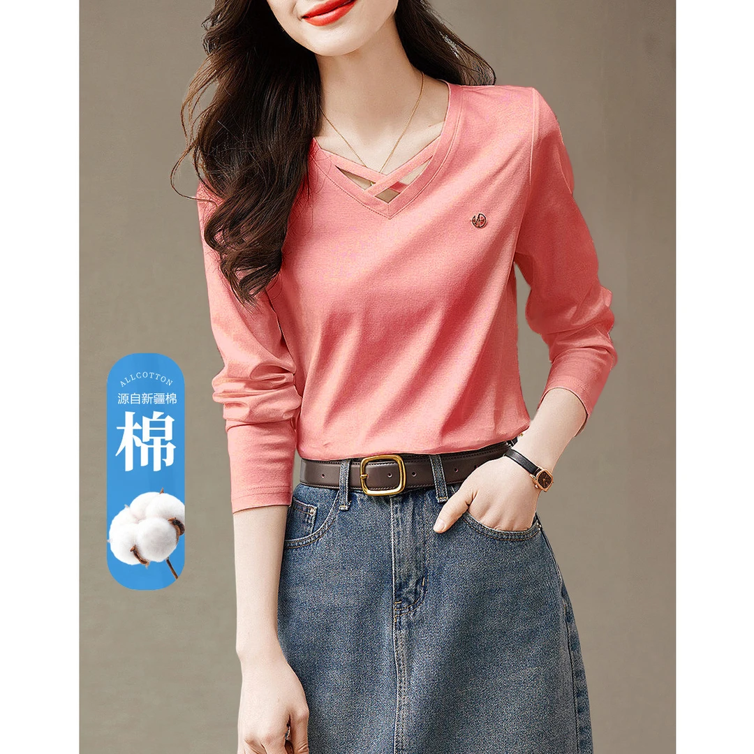 【小云总专属】德·玛纳气质棉氨针织女式t恤通勤v领微弹长袖t恤女