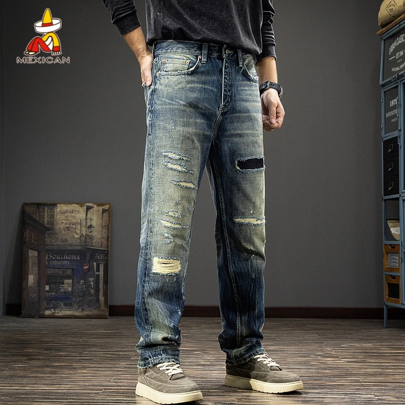 Mexican/稻草人春季破洞补丁直筒牛仔裤男款美式复古纯棉休闲裤子