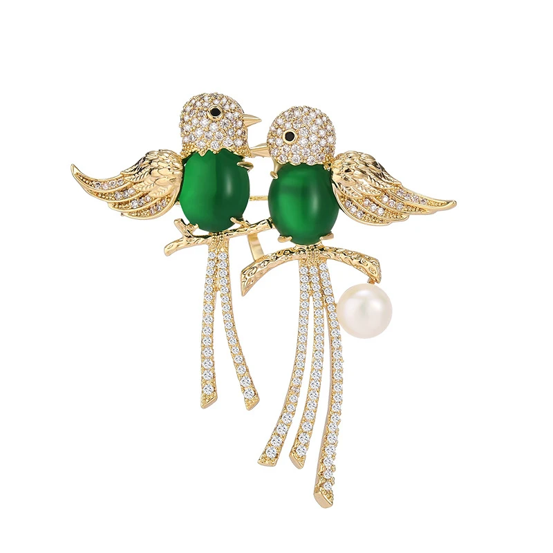 0666 绿色比翼双飞小鸟胸针