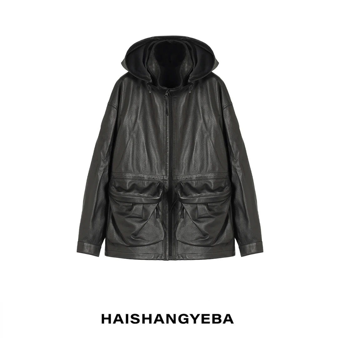 【海上叶爸】新款2025百搭羊皮革连帽宽松男女同款长袖皮衣