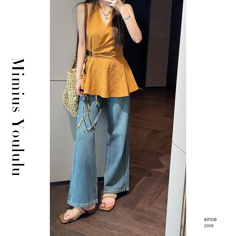 【mimius】七七 气质简约设计感侧系皮扣V领收腰无袖上衣 G05360