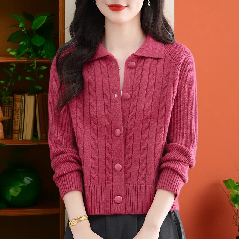 100%纯羊毛羊毛衫秋冬翻领针织开衫女士短款显瘦小个子外搭毛衣厚