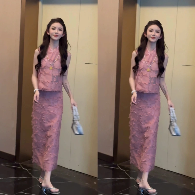 现货(花影流苏)法式名媛风时髦立体流苏上衣裙子两件套气质显瘦