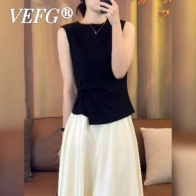 VEFG不规则黑色圆领无袖T恤女装2025新款夏季设计感小众扭结短款