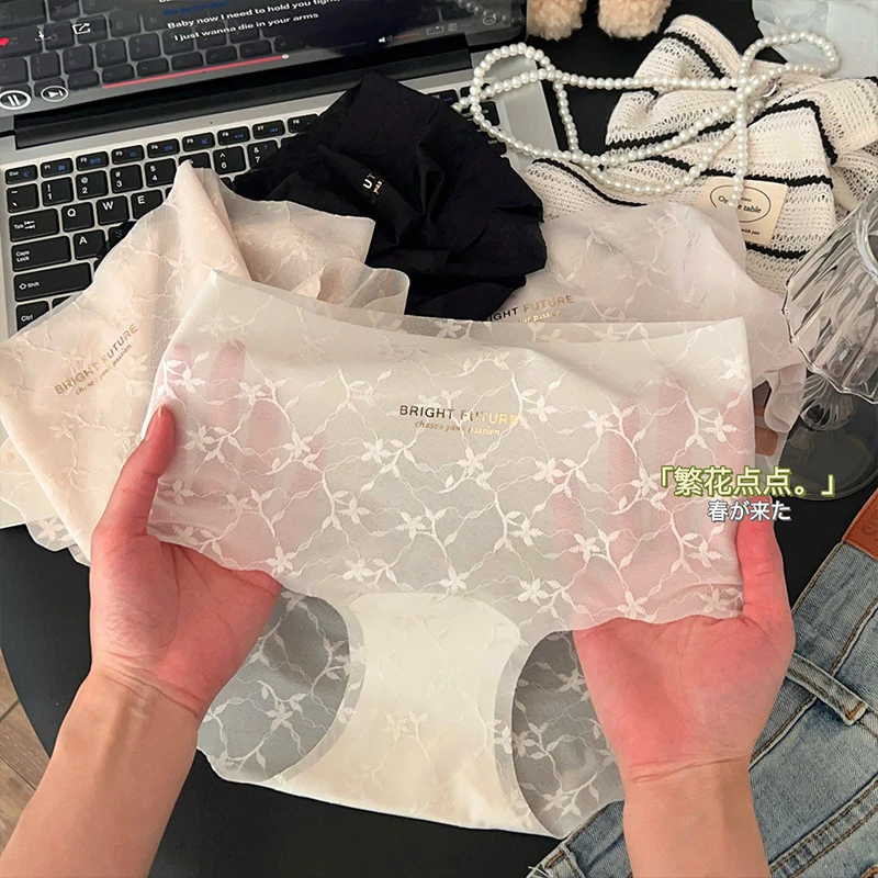超薄全无痕网纱蕾丝繁花提花透气底裆中腰三角内裤女