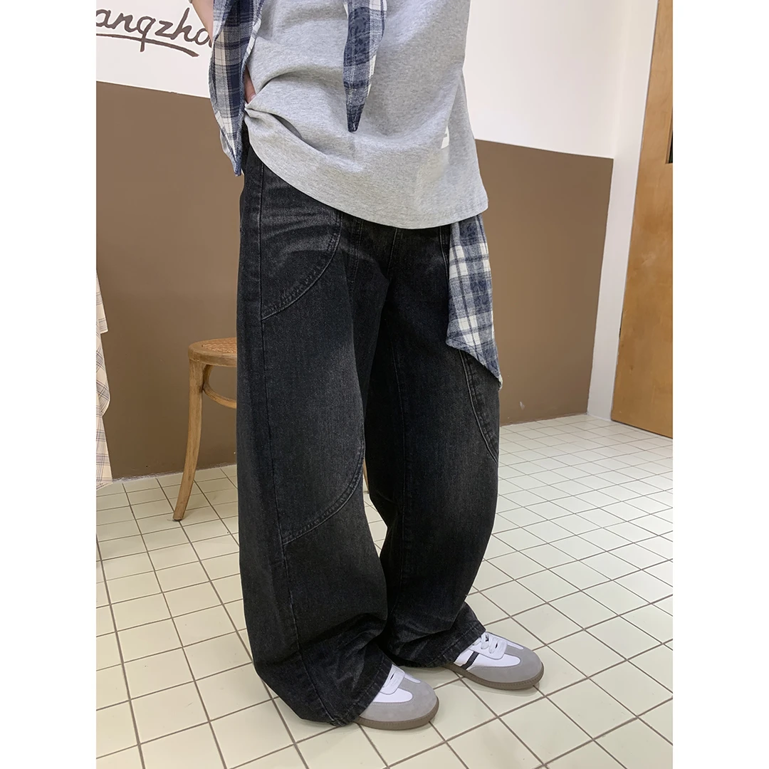 白口阳【街头咖啡店】牛仔弯刀裤男自带格子方巾宽松潮流长裤D8829