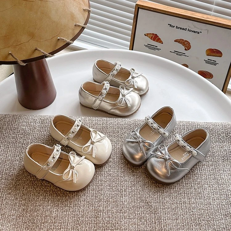 【软底】质感简约女童皮鞋2025韩版秋季百搭ins风珍珠鞋带蝴蝶结