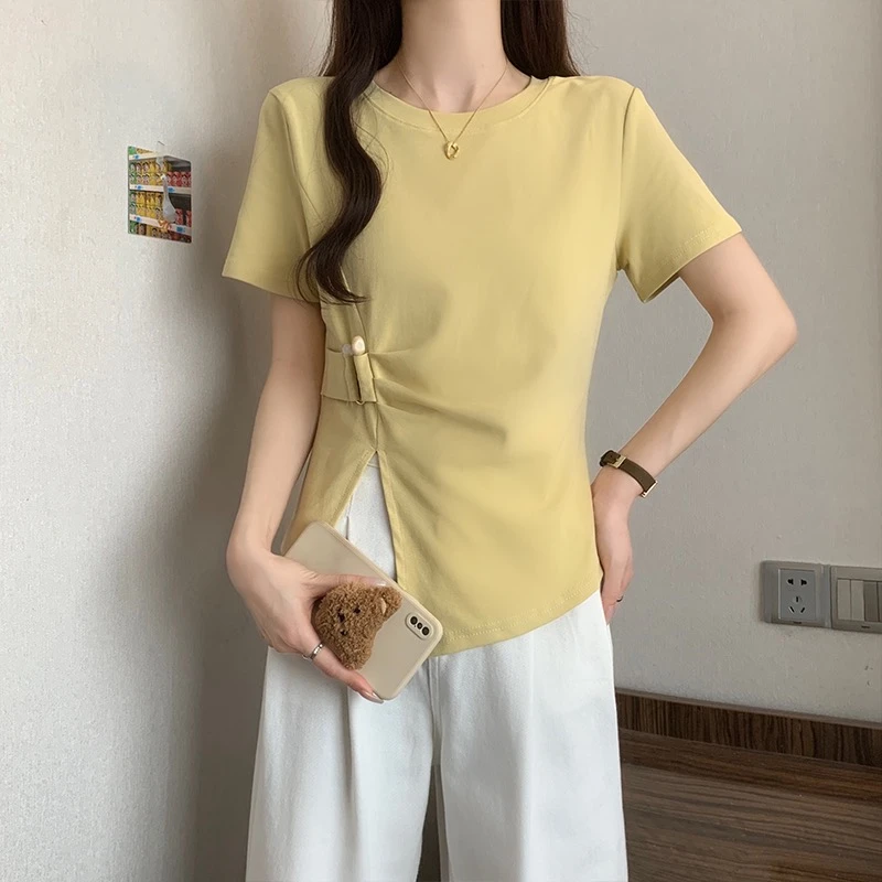 夏季设计感小众开叉短袖T恤女微胖mm不规则遮肚显瘦时尚百搭上衣