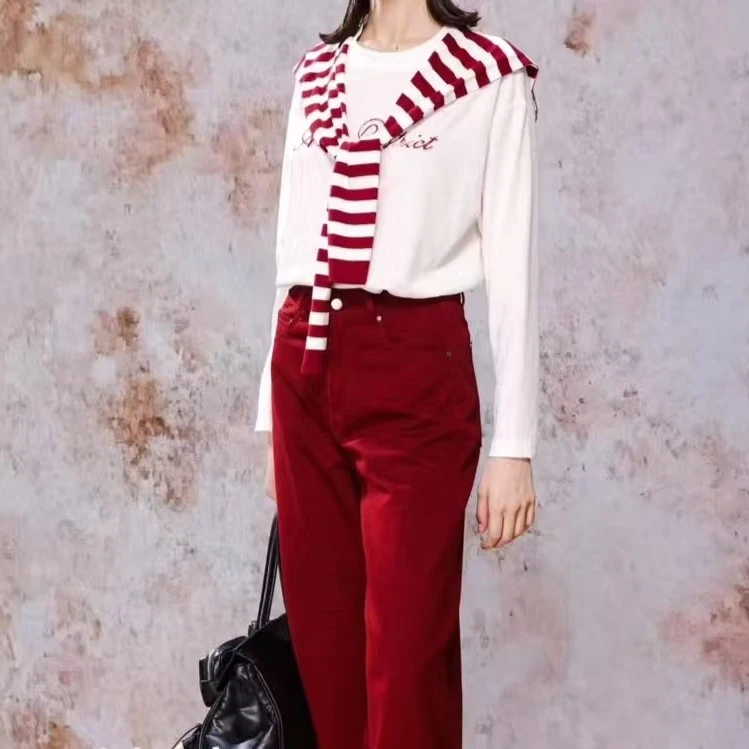 比序原创安可拉红色针织条纹披肩T恤圆领女休闲洋气裤子