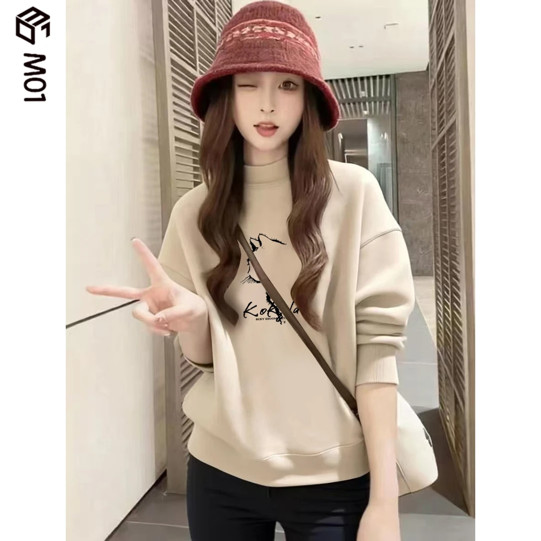 M01秋冬季加绒加厚字母印花半高领卫衣女慵懒风宽松保暖长袖上衣