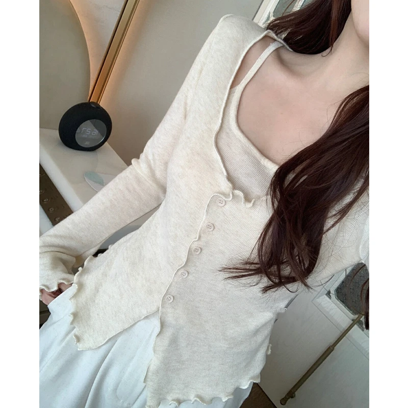 韩系氛围感假两件木耳边长袖针织衫女2025春季新款修身显瘦上衣