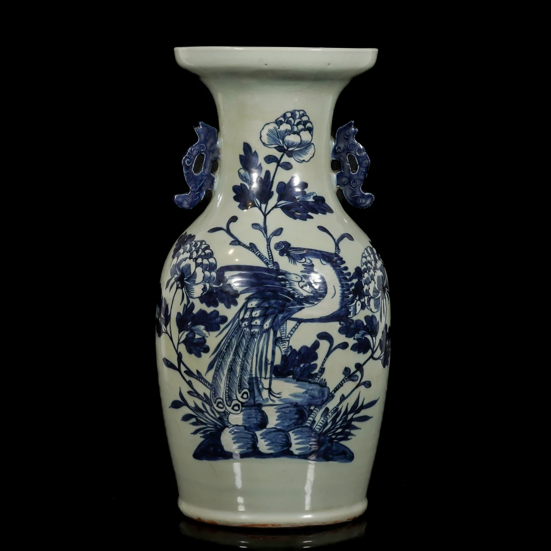 清中期豆青青花花卉双耳大瓶/c958