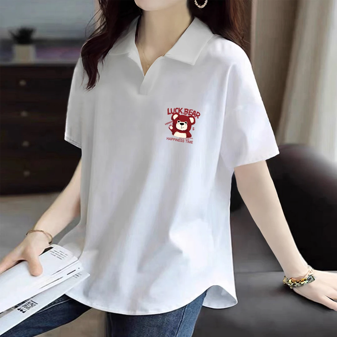 白色POLO衫女短袖夏季92%棉休闲大码弧形下摆宽松显瘦减龄翻领T恤
