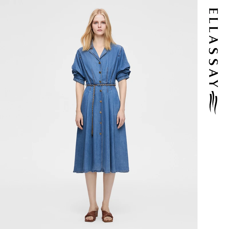 ELLASSAY歌力思春100%莱赛尔经典复古修身连衣裙牛仔长裙