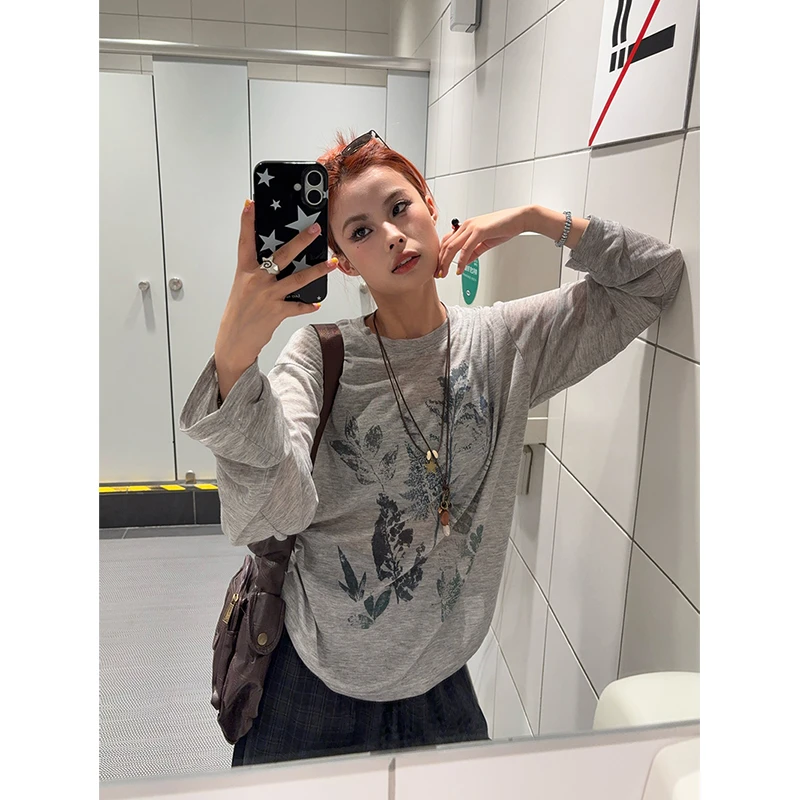 野生阿子原创复古树叶涂鸦印花长袖防晒罩衫女夏季轻薄慵懒风上衣