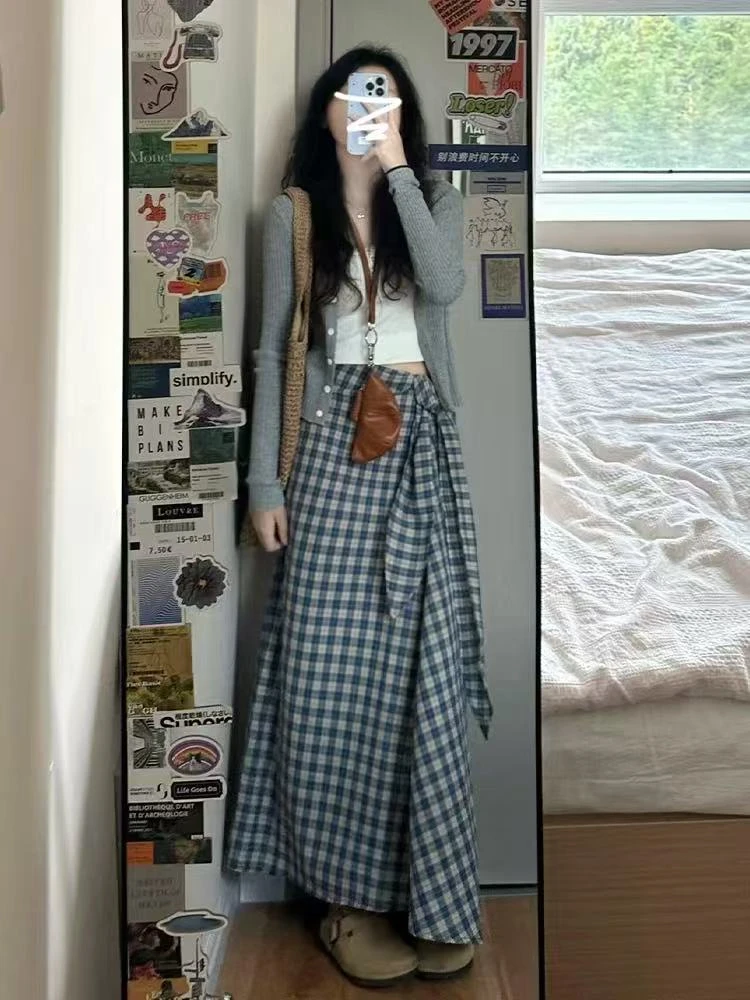 慵懒风裙子时尚套装秋冬长裙复古轻熟风时尚显瘦格子大码-8821
