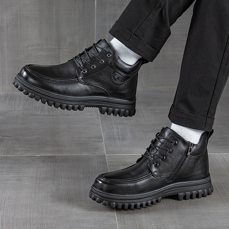 男士真皮棉鞋短靴厚底软底羊毛中年舒适防滑商务加绒保暖爸爸系带