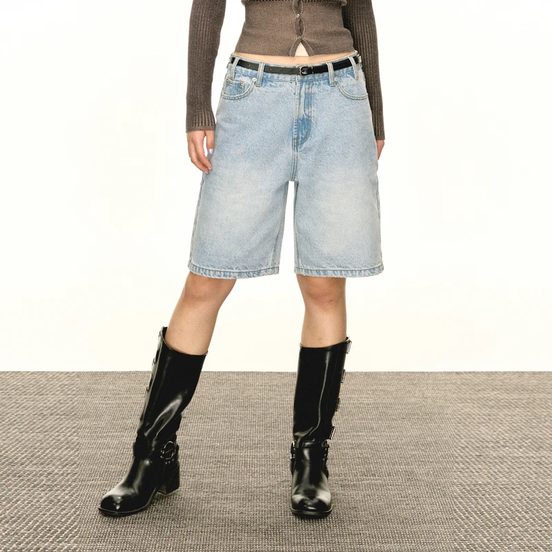 Ariseism美式复古水洗五分牛仔裤女2025春季新款休闲基础百搭中裤