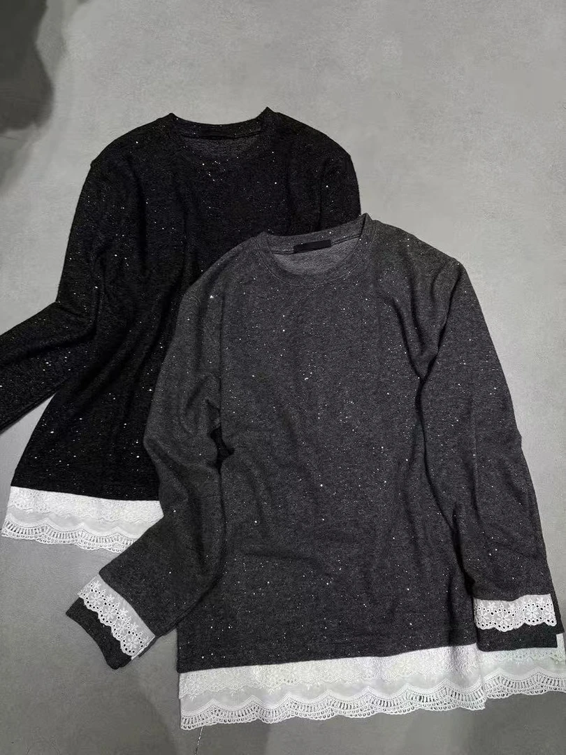 /星空奶芙绒打底/拼接刺绣花边闪亮内搭打底衫 衣长73 胸围60 F56