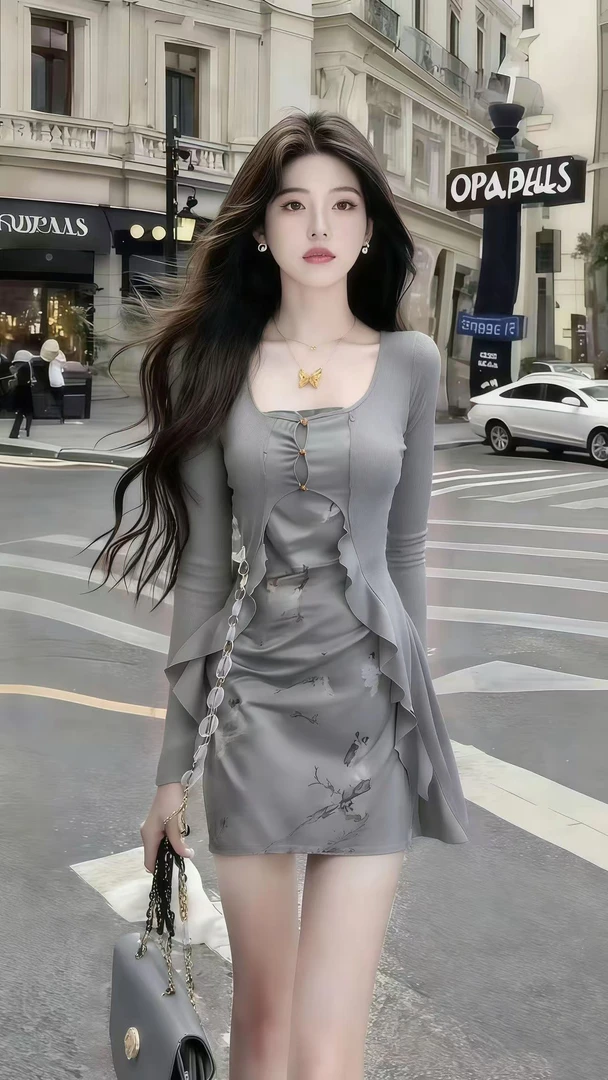 时尚气质名媛纯欲风百搭U领系扣长袖小衫+修身设计感裙子灰色套装