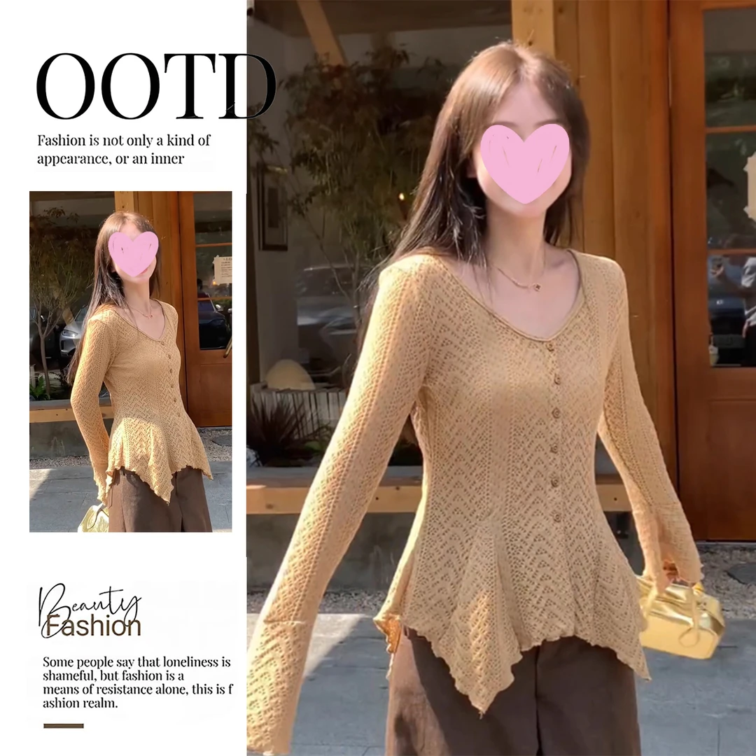 法式小资高级感镂空掐腰喇叭袖上衣女早秋新款针织衫设计感小众