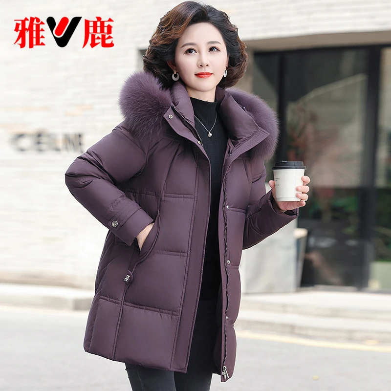 V/雅鹿妈妈中年羽绒服女2025冬季新款狐狸毛领加绒加厚款保暖外套