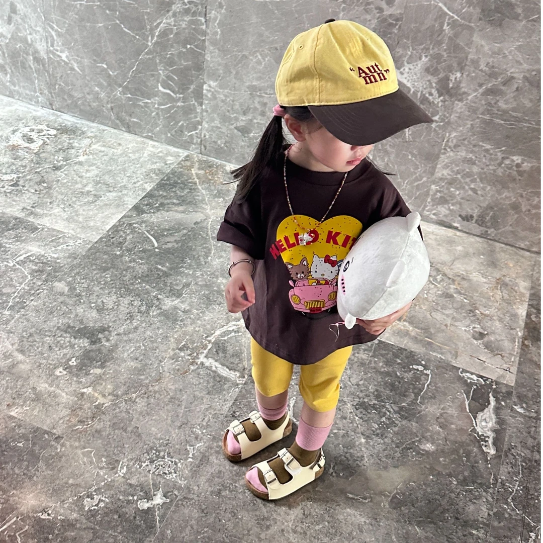 壹妈品质童装女童2025夏季新款卡通猫短袖T恤短裤洋气儿童套装