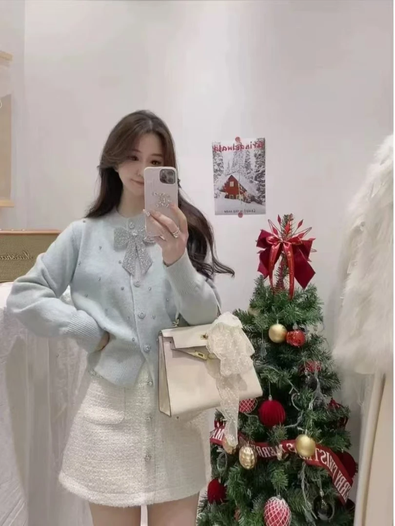 法式小香风烫钻蝴蝶结针织开衫女春秋冬新款甜美软糯百搭针织上衣