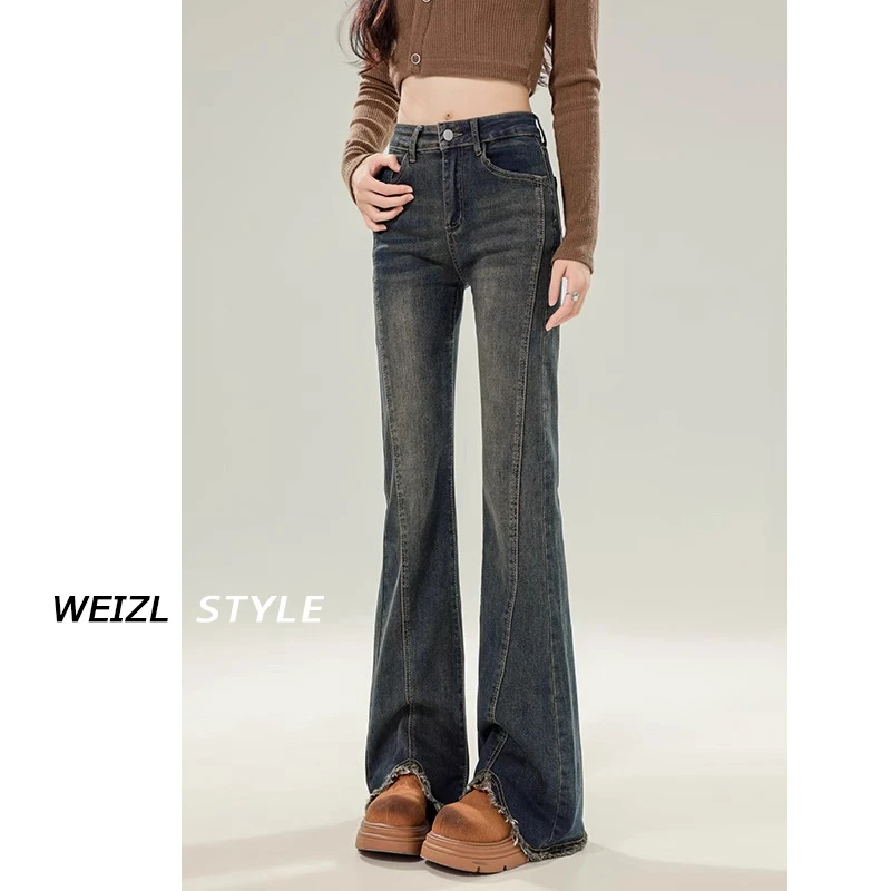 复古毛边微喇牛仔裤女2025年新款春季高腰显瘦宽松美式拖地喇叭裤