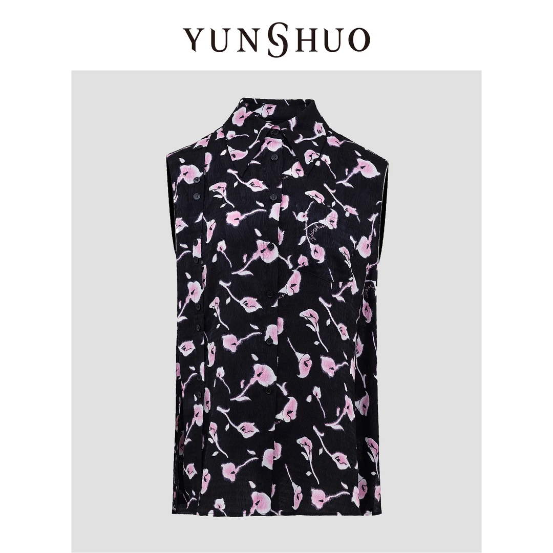 允硕夏季新品时尚百搭气质印花女装欧若风无袖衬衫上衣短袖331012