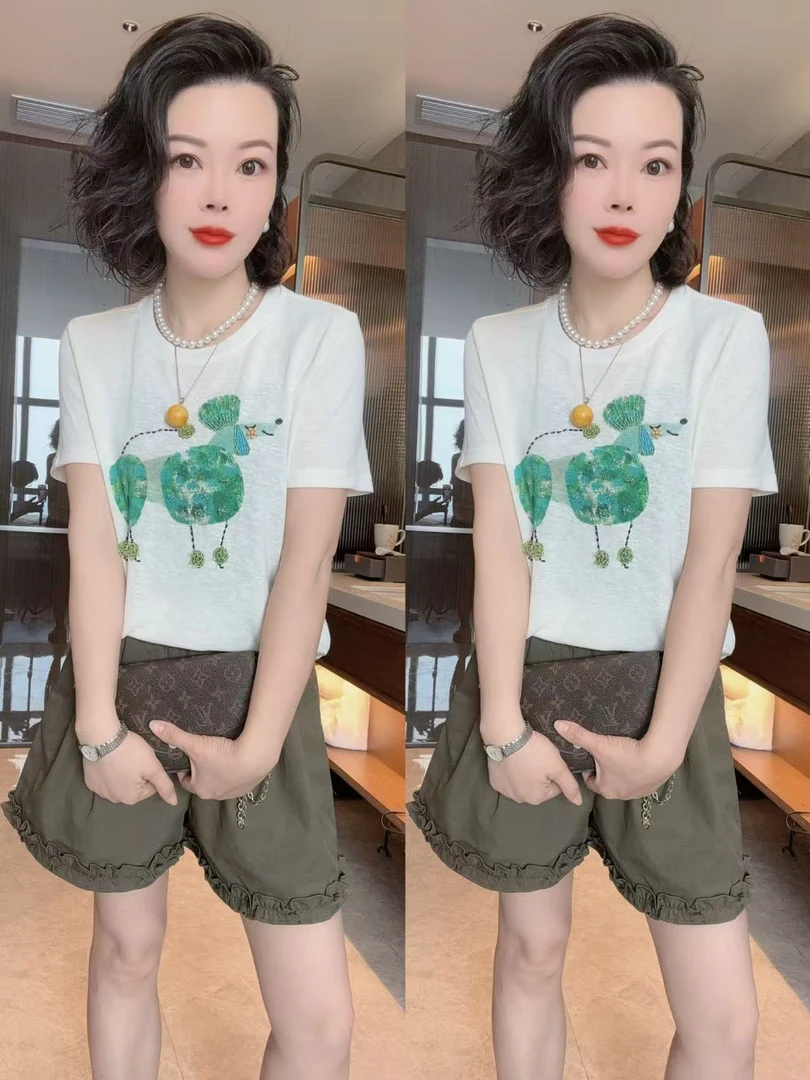 【小韩家】欧货2025新款圆领重工钉珠时尚百搭短袖