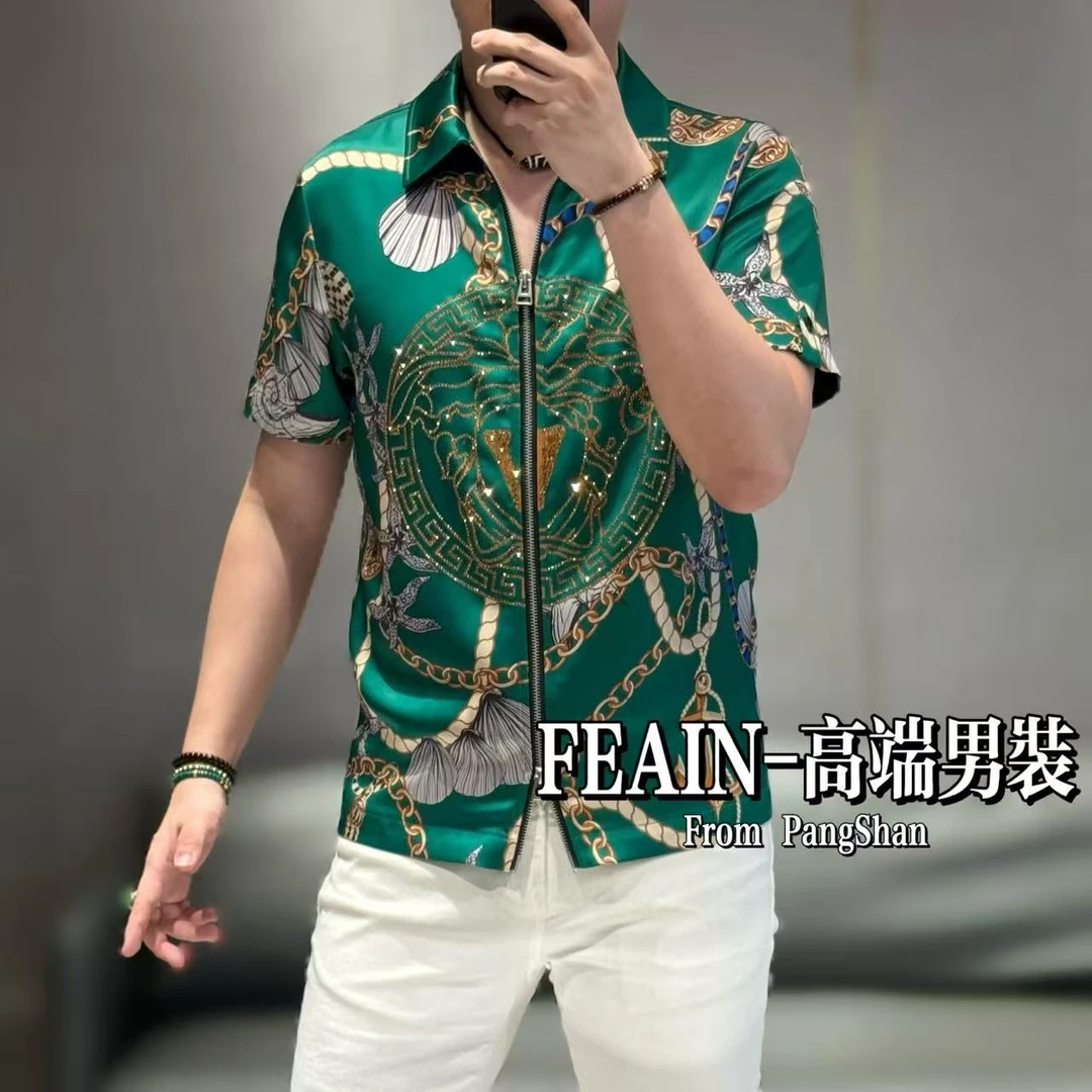 高端定制进口丝柔贡缎巴洛克海底世界双开拉链短袖夹克733