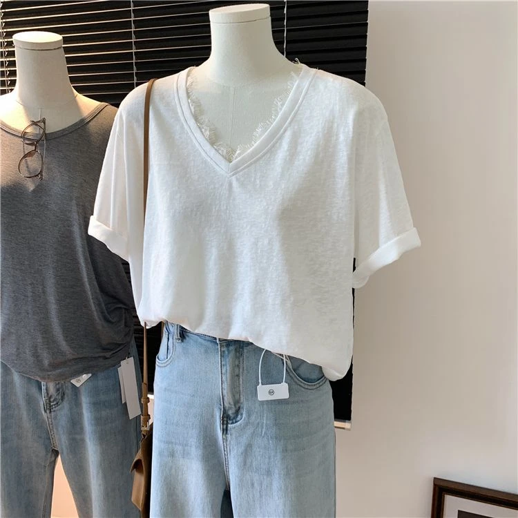 蕾丝简约雪花棉纯色V领短袖宽松女T恤夏季2025新款韩版打底衫上衣