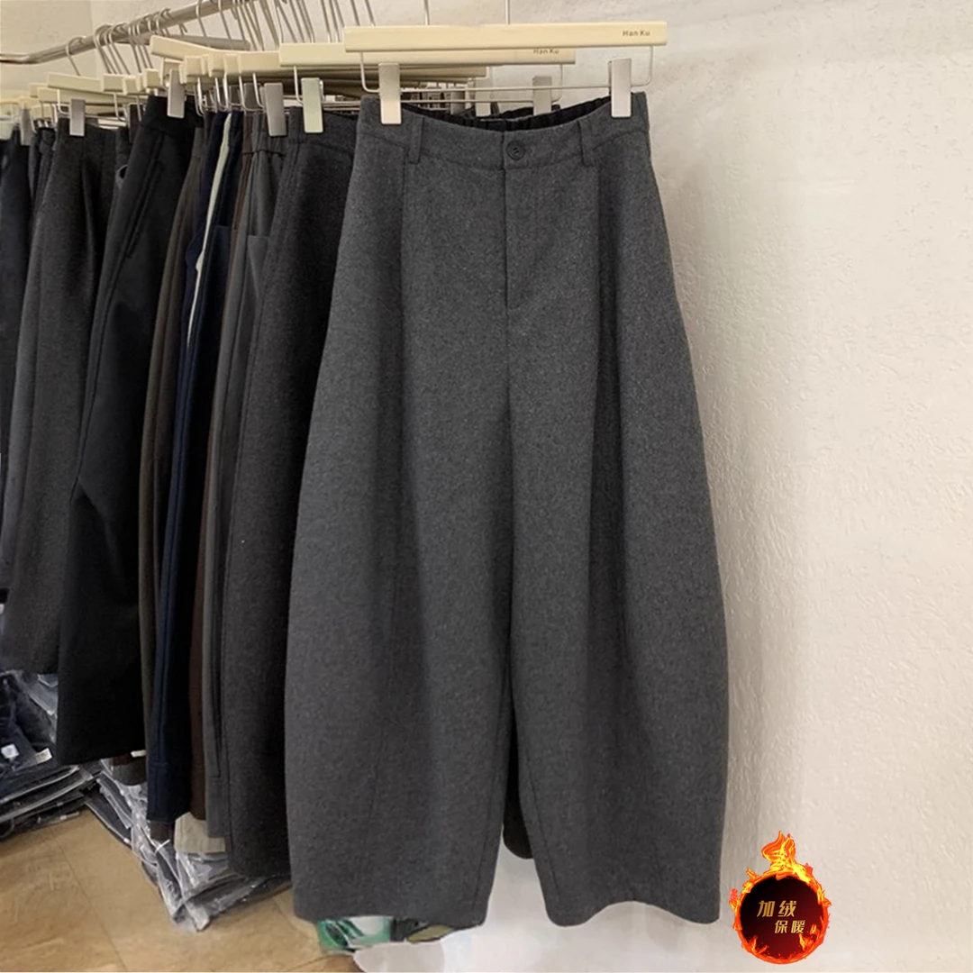 毛呢垂感休闲裤女加厚秋冬新款韩系高腰褶皱阔腿裤宽松显瘦九分裤