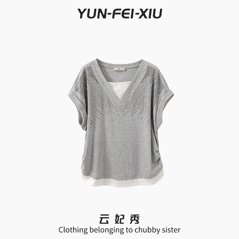 云妃秀大码女装T恤休闲时尚胖妹妹显瘦宽松遮肉减龄上衣夏季22198