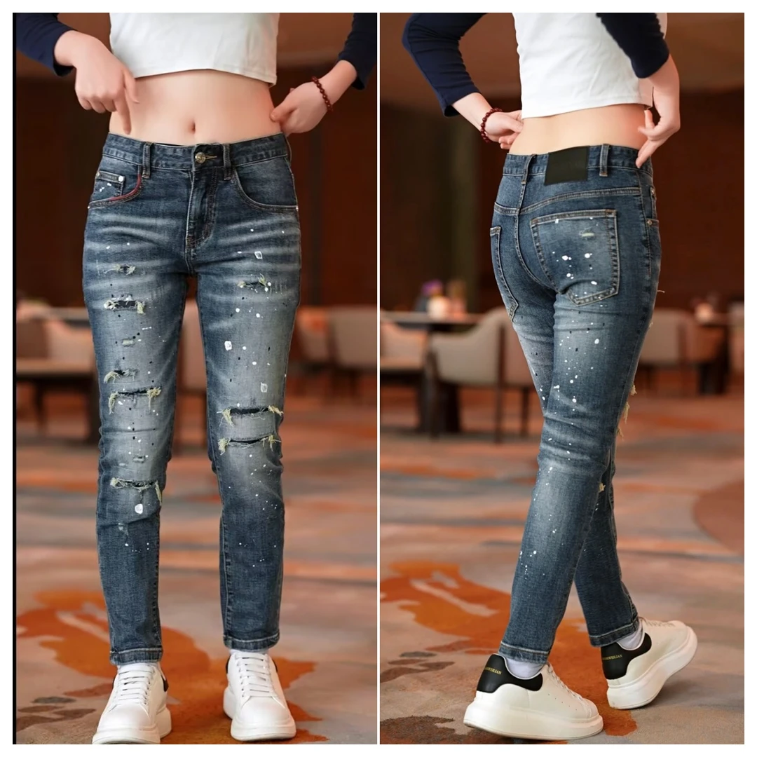 男款秋冬破洞牛仔裤爆款泼墨破丁牛仔裤修身弹力小脚裤复古蓝长裤