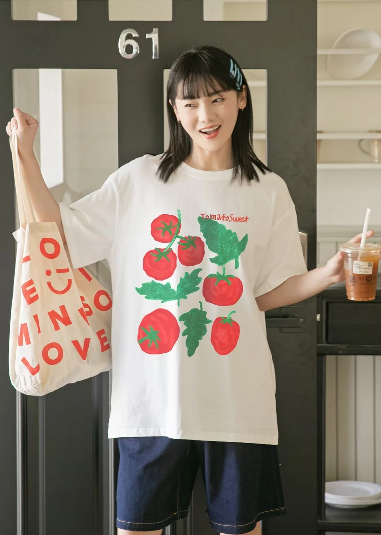 纯棉白色T恤显瘦夏季宽松休闲番茄印花杭州意法正品风衣