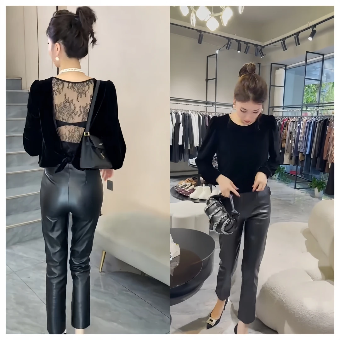 秋季新款轻奢高级感黑色丝绒上衣