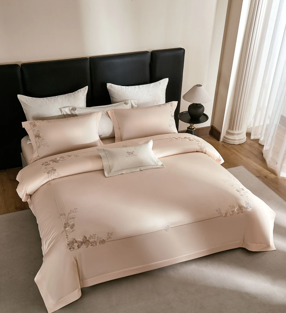 高奢定制100%长绒棉刺绣高密定制四方来福纯棉四件套