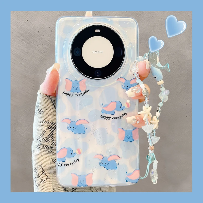 适用华为mate60pro+手机壳蓝色牛奶纹可爱小飞象手链mate70pro女